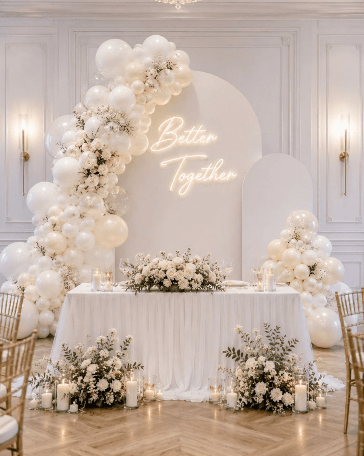 Elegant ivory and blush balloon arch styled for a wedding reception